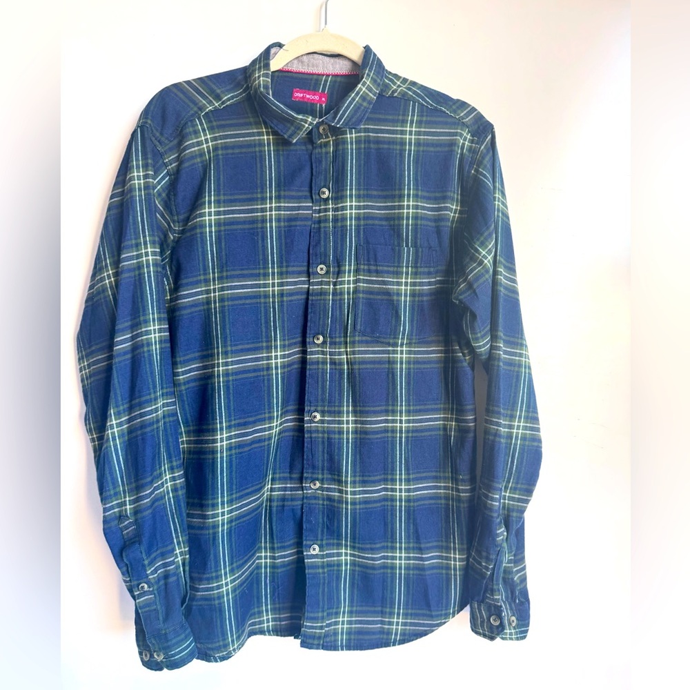 Driftwood Men XL‎ Flannel Button Down Plaid Blue Green 100% Cotton Gorpcore